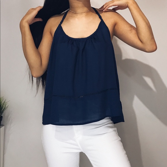 Dani - Navy Blue Crotchet Halter Tank Top - Picture 2 of 5